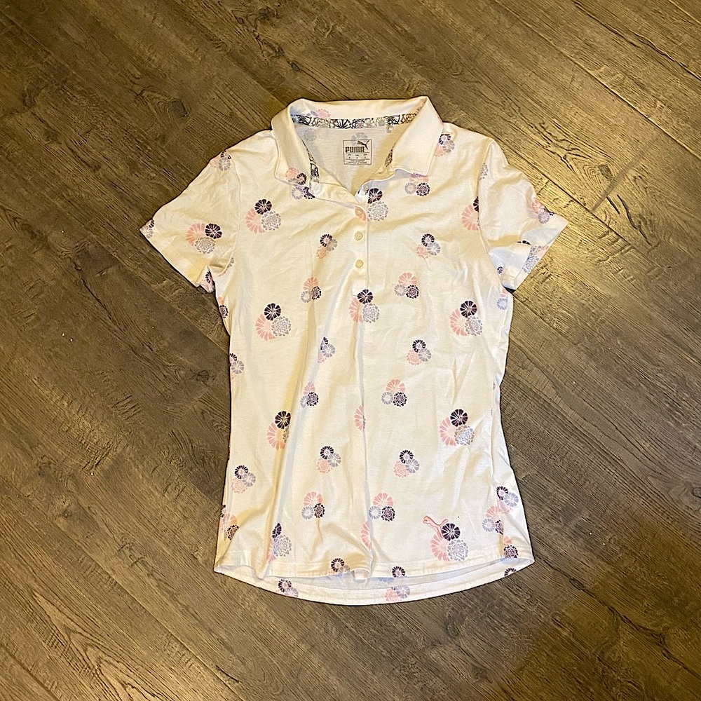 Puma white, purple and pink t-shirt size small